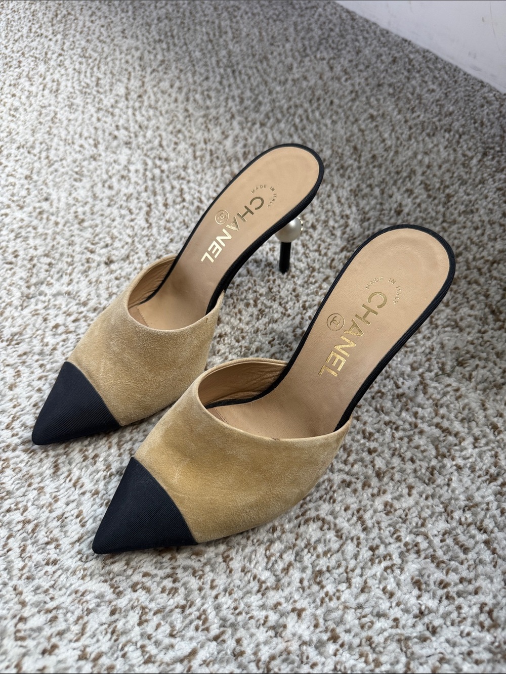 CHANEL Tan Suede Pointed-Toe Mules with Black Cap Toe